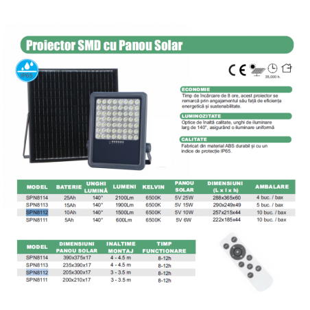 Proiector led SMD cu Panou Solar si telecomanda - 100W/6500k