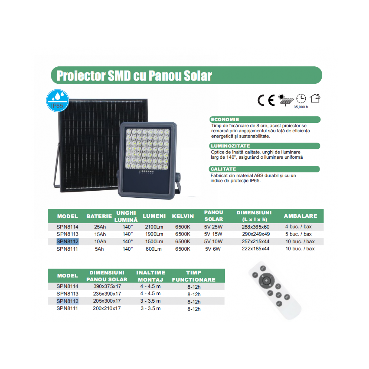 Proiector led SMD cu Panou Solar si telecomanda - 100W/6500k
