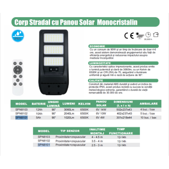 Corp Stradal cu sensor de miscare,panou solar monocristalin integrat si telecomanda - 60W/6500k