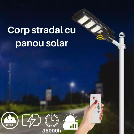 Corp Stradal cu sensor de miscare,panou solar monocristalin integrat si telecomanda - 90W/6500k