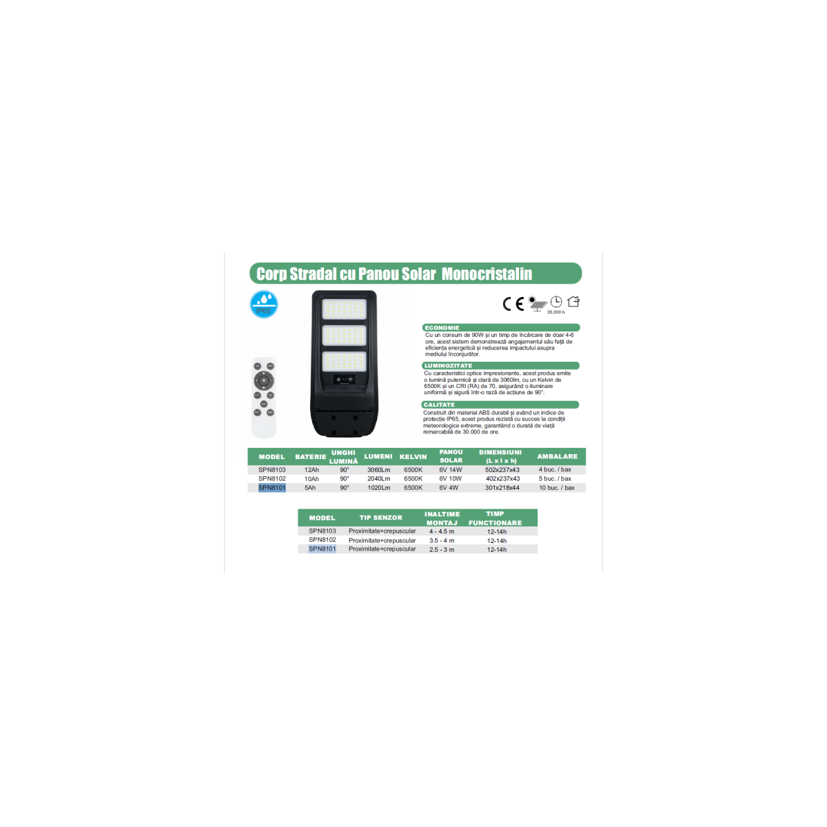 Corp Stradal cu sensor de miscare,panou solar monocristalin integrat si telecomanda - 90W/6500k