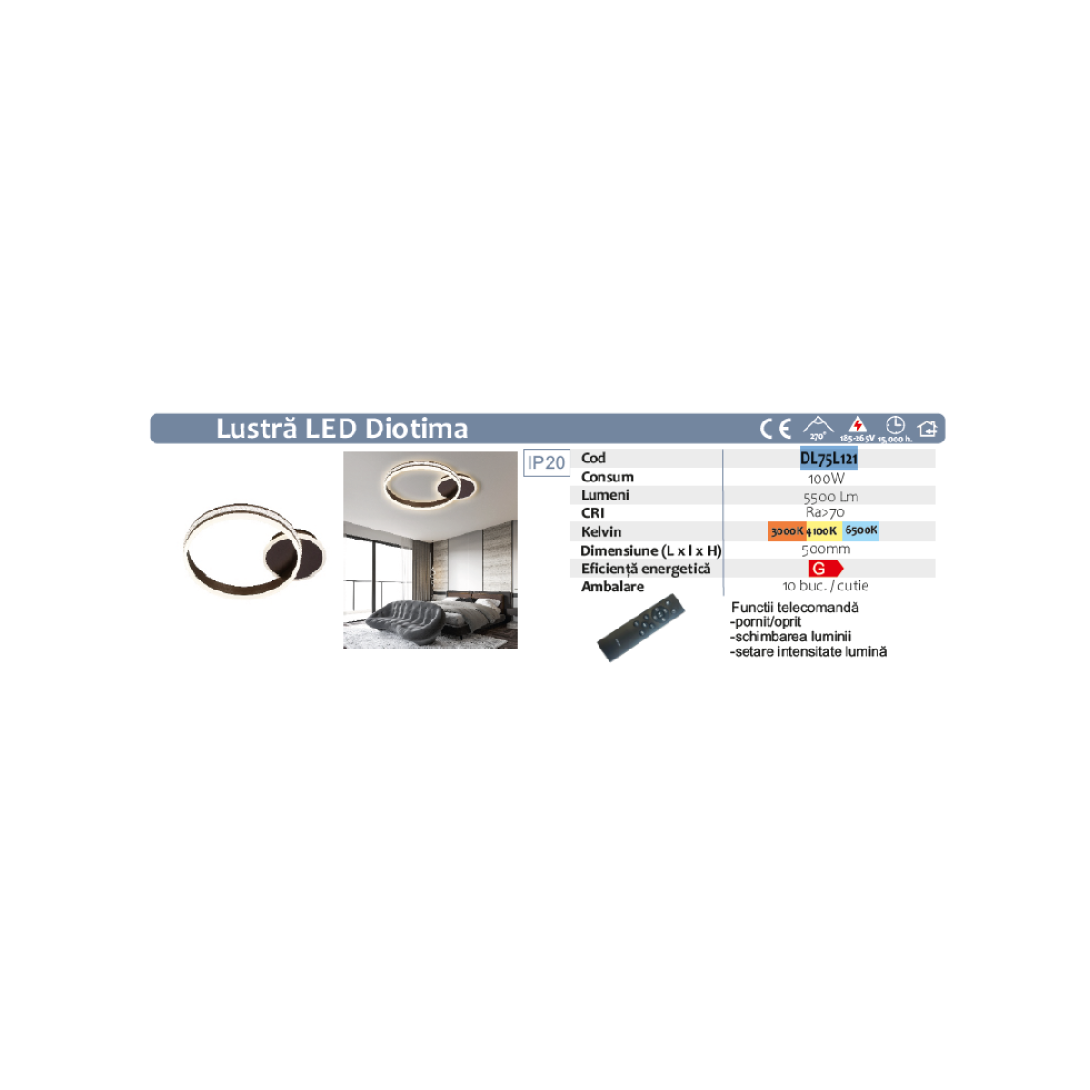 Lustra Led Diotima 100w/5500lm 3000k/4000k/6500k cu Telecomanda 500mm