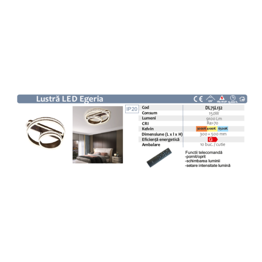 Lustra Led Egeria 150w/9100lm 3000k/4000k/6500k cu Telecomanda 300+500mm