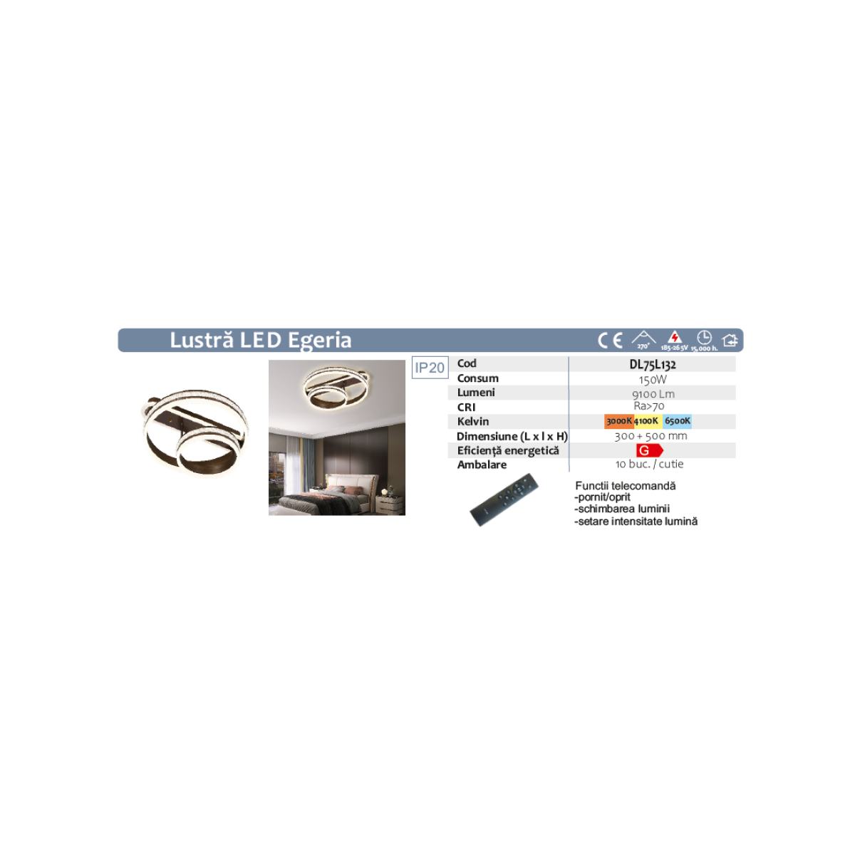 Lustra Led Egeria 150w/9100lm 3000k/4000k/6500k cu Telecomanda 300+500mm